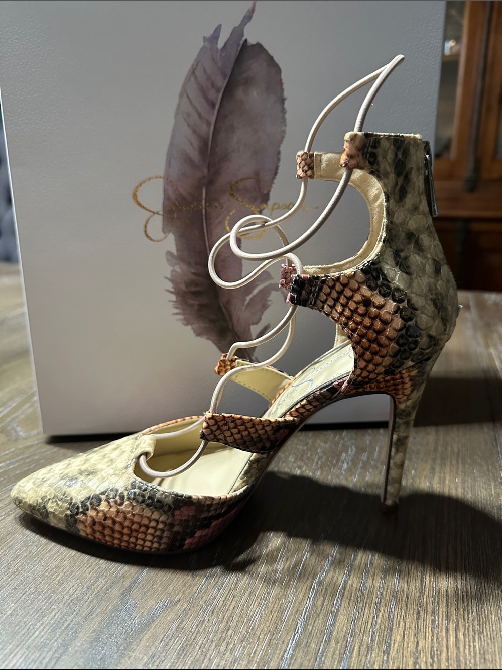 Jessica Simpson Snake-Print Lace-Up Stiletto in Beige and Brown